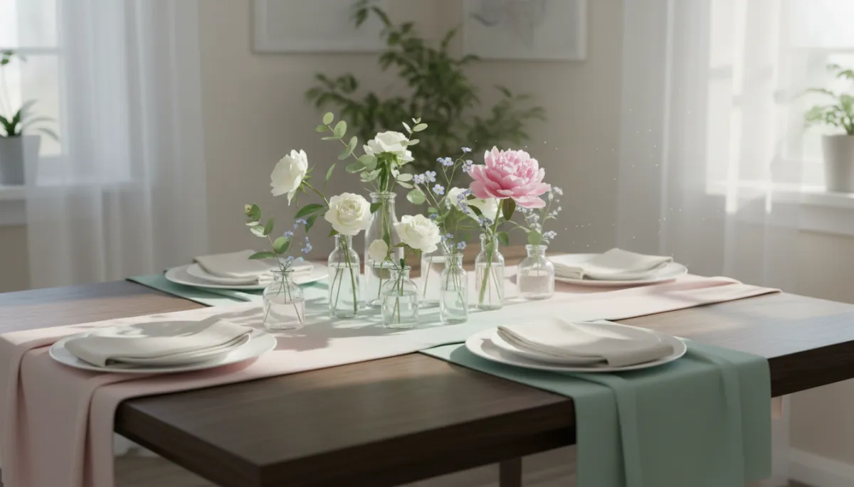 Photorealistic spring dining table styled with simple pastel decor