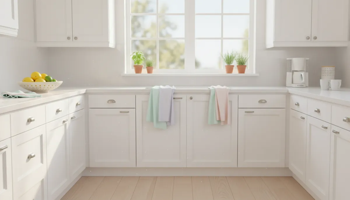 Photorealistic spring kitchen with subtle pastel and natural accents