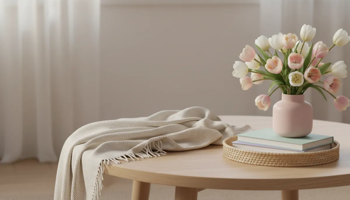 Photorealistic spring coffee table decor with flowers and pastel accents