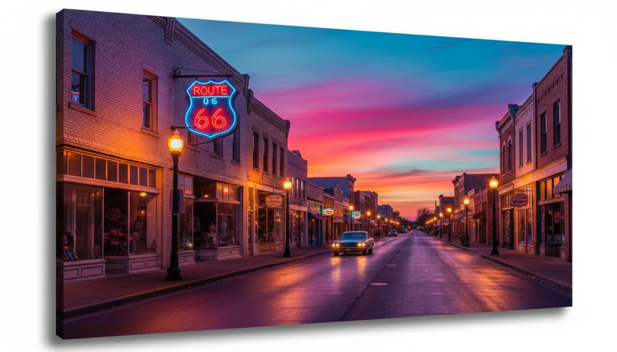 photorealistic twilight view of Yukon's Main Street with vintage-style storefronts, Route 66 sign, and warm streetlights in a pop retro color palette