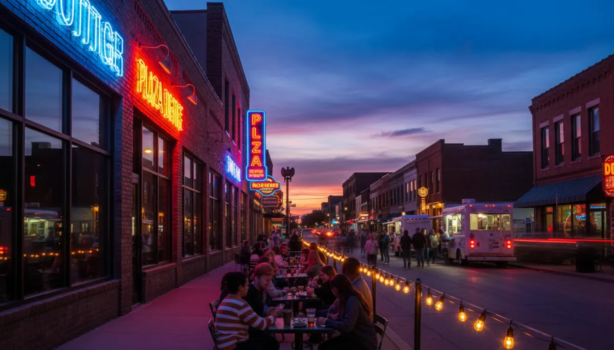 photorealistic street-level view of Oklahoma City Plaza District at dusk, neon signs glowing, people at patios and food trucks, pop retro color palette with saturated blues and oranges