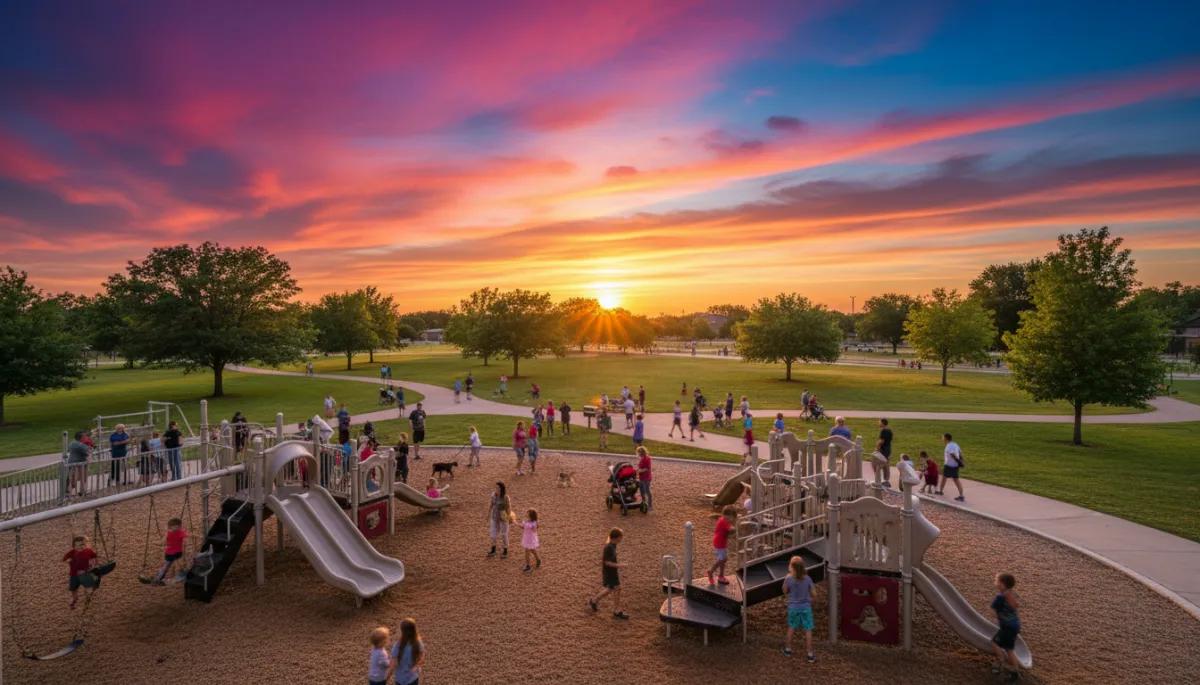 photorealistic evening scene of families enjoying a community park in Moore with playground, walking path, and colorful sunset sky in pop retro tones