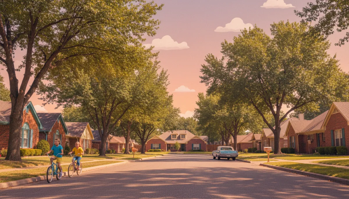 photorealistic view of a quiet Edmond suburban street with brick homes, kids riding bikes, large trees, and a warm pop retro color treatment