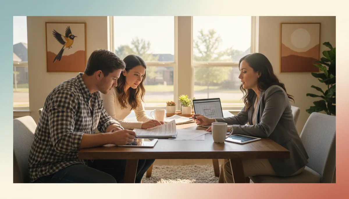 A photorealistic image of a husband and wife sitting together at a modern table in a well-lit home, attentively reviewing a home inspection report with a professional real estate agent. The couple should appear in their early 30s, dressed casually but neatly, showing engaged expressions as they discuss the document. The setting should reflect a contemporary Oklahoma home with subtle regional touches—think warm colors, tasteful decor, and large windows letting in natural light. The real estate agent, dressed in business casual, should be pointing to a section of the report, fostering a collaborative and informative atmosphere. Papers, a laptop, and coffee mugs on the table add context, emphasizing the home buying process. The overall scene should convey trust, professionalism, and the optimism of purchasing a new home during a buyer’s market in OKC. A photorealistic image of a husband and wife sitting together at a modern table in a well-lit home, attentively reviewing a home inspection report with a professional real estate agent. The couple should appear in their early 30s, dressed casually but neatly, showing engaged expressions as they discuss the document. The setting should reflect a contemporary Oklahoma home with subtle regional touches—think warm colors, tasteful decor, and large windows letting in natural light. The real estate agent, dressed in business casual, should be pointing to a section of the report, fostering a collaborative and informative atmosphere. Papers, a laptop, and coffee mugs on the table add context, emphasizing the home buying process. The overall scene should convey trust, professionalism, and the optimism of purchasing a new home during a buyer’s market in OKC.
