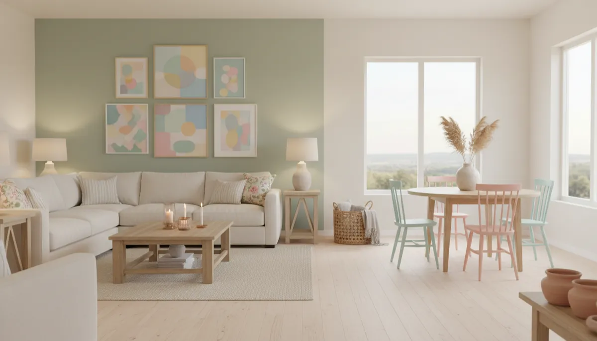 Photorealistic open-plan Oklahoma living and dining room with cozy Comfortcore design Photorealistic open-plan Oklahoma living and dining room with cozy Comfortcore design