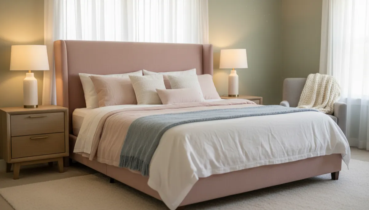 Photorealistic pastel bedroom styled with layered Comfortcore bedding and warm lighting Photorealistic pastel bedroom styled with layered Comfortcore bedding and warm lighting