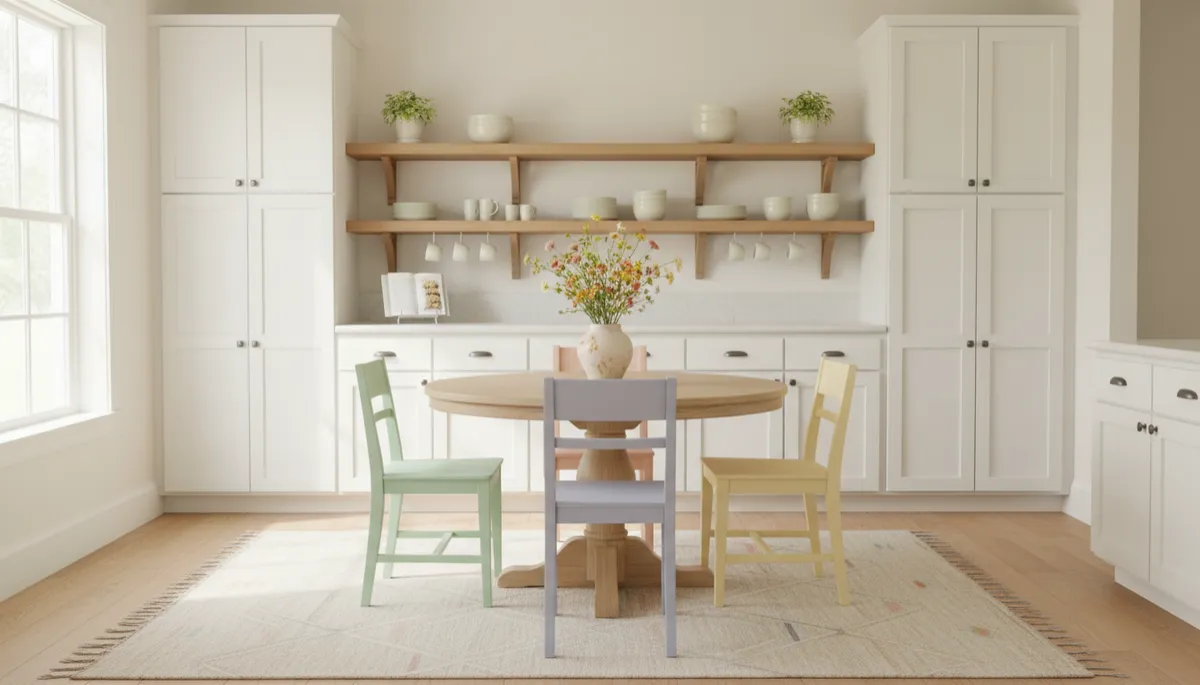 Photorealistic pastel kitchen and dining nook with cozy Comfortcore decor Photorealistic pastel kitchen and dining nook with cozy Comfortcore decor