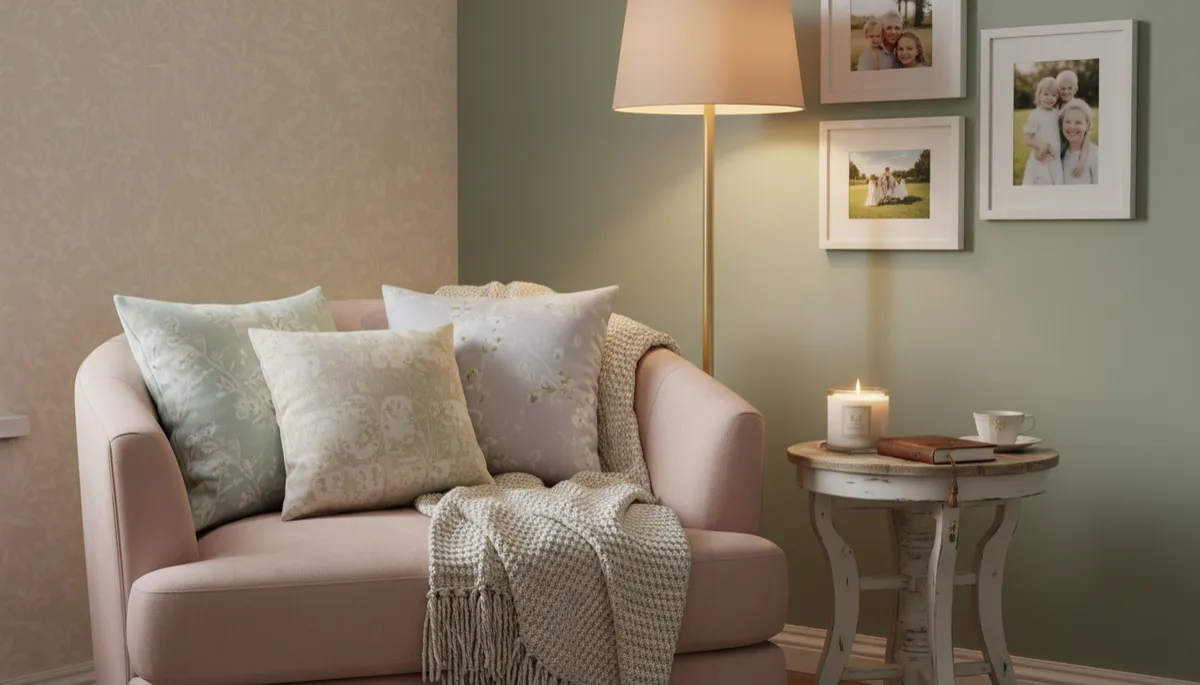 Photorealistic cozy living room corner styled with Comfortcore textures and decor Photorealistic cozy living room corner styled with Comfortcore textures and decor