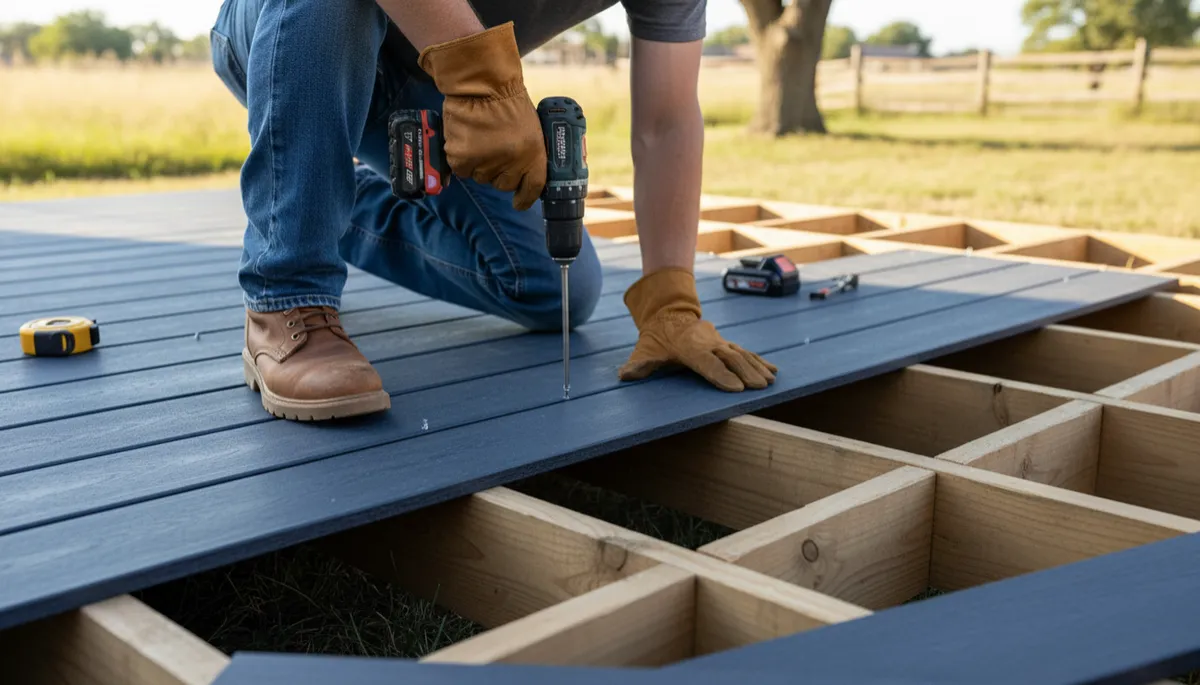 Homeowner fastening composite deck boards to a wood frame Homeowner fastening composite deck boards to a wood frame