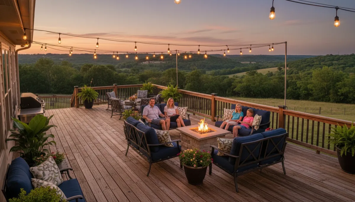 Finished Oklahoma deck styled with outdoor furniture and lighting Finished Oklahoma deck styled with outdoor furniture and lighting