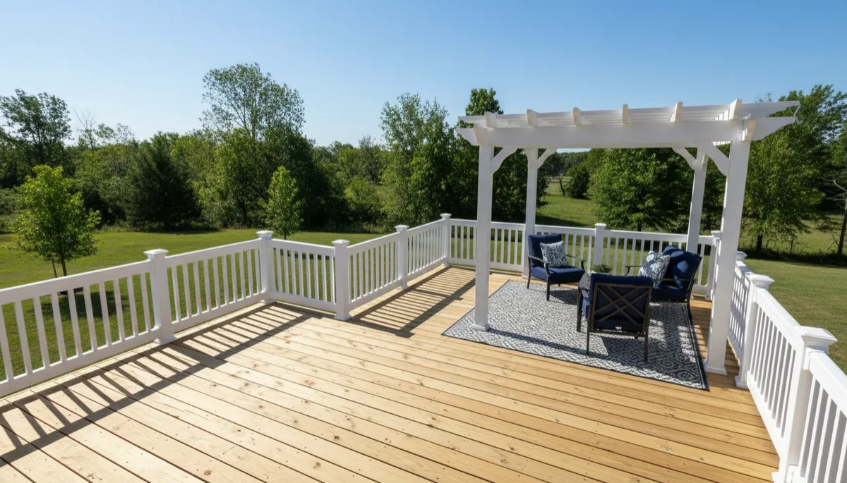 Well-built Oklahoma deck with shade structure and safe railings Well-built Oklahoma deck with shade structure and safe railings