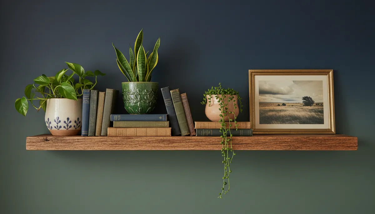 Wooden shelf styled with indoor plants and decor accents Wooden shelf styled with indoor plants and decor accents