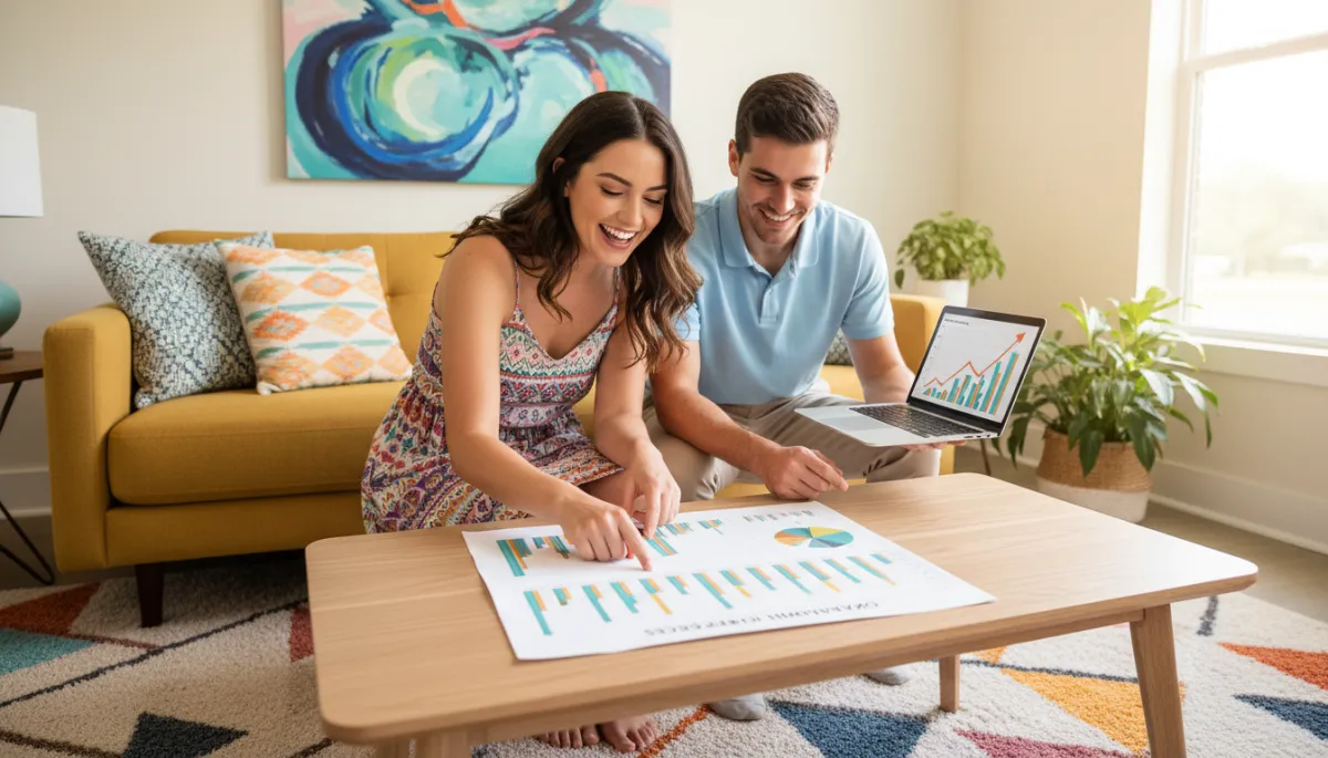 Homeowners in Oklahoma reviewing housing market charts at their coffee table Homeowners in Oklahoma reviewing housing market charts at their coffee table