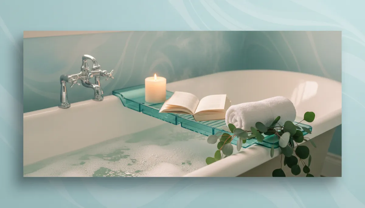 Relaxing bath setup with spa-style accessories and aqua accents Relaxing bath setup with spa-style accessories and aqua accents