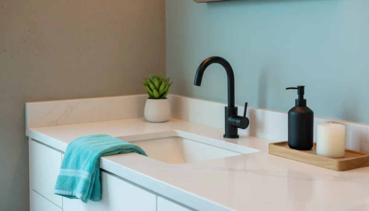 Updated bathroom faucet and accessories creating a spa-like look Updated bathroom faucet and accessories creating a spa-like look
