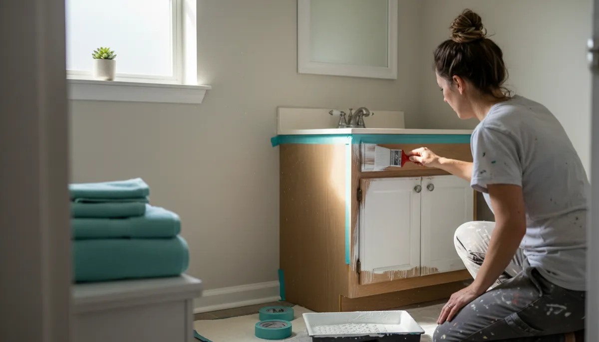 Homeowner painting a bathroom vanity as part of a budget spa refresh Homeowner painting a bathroom vanity as part of a budget spa refresh