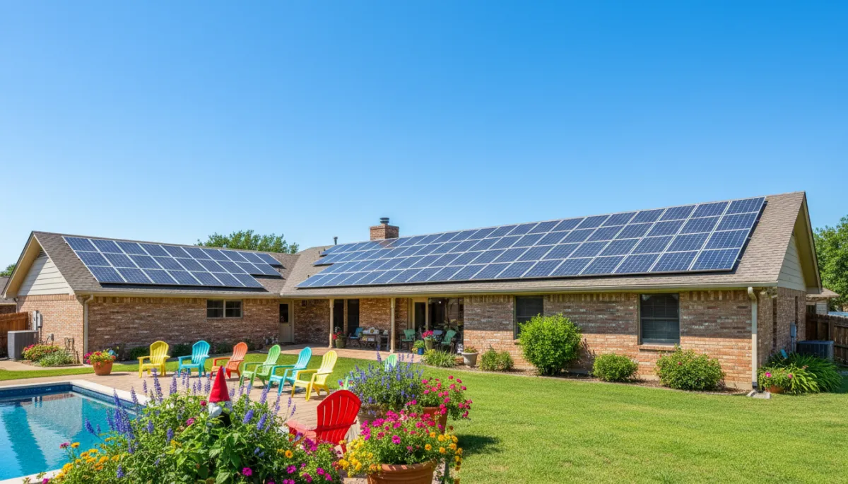 Oklahoma home rooftop with solar panels under a bright sky