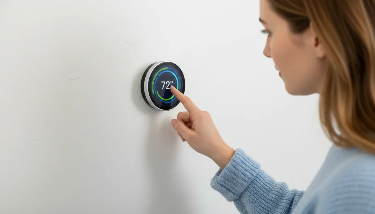 Homeowner adjusting a smart thermostat on the wall