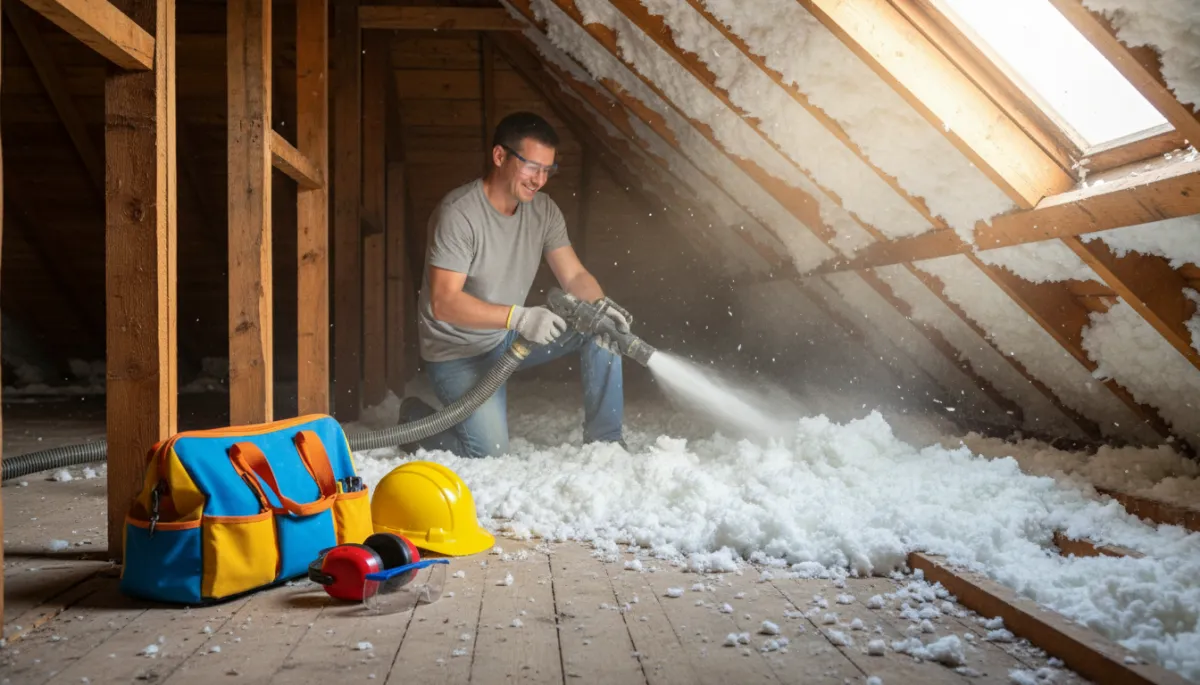 Homeowner installing insulation in an attic