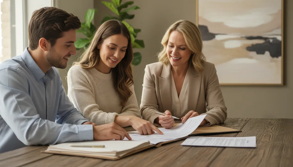First-time homebuyers reviewing mortgage documents with a loan officer First-time homebuyers reviewing mortgage documents with a loan officer