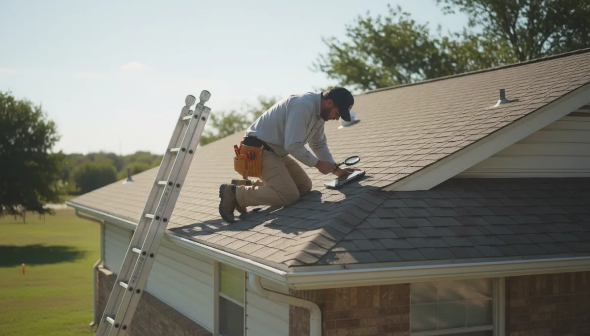 Home inspector examining the roof of an Oklahoma house Home inspector examining the roof of an Oklahoma house