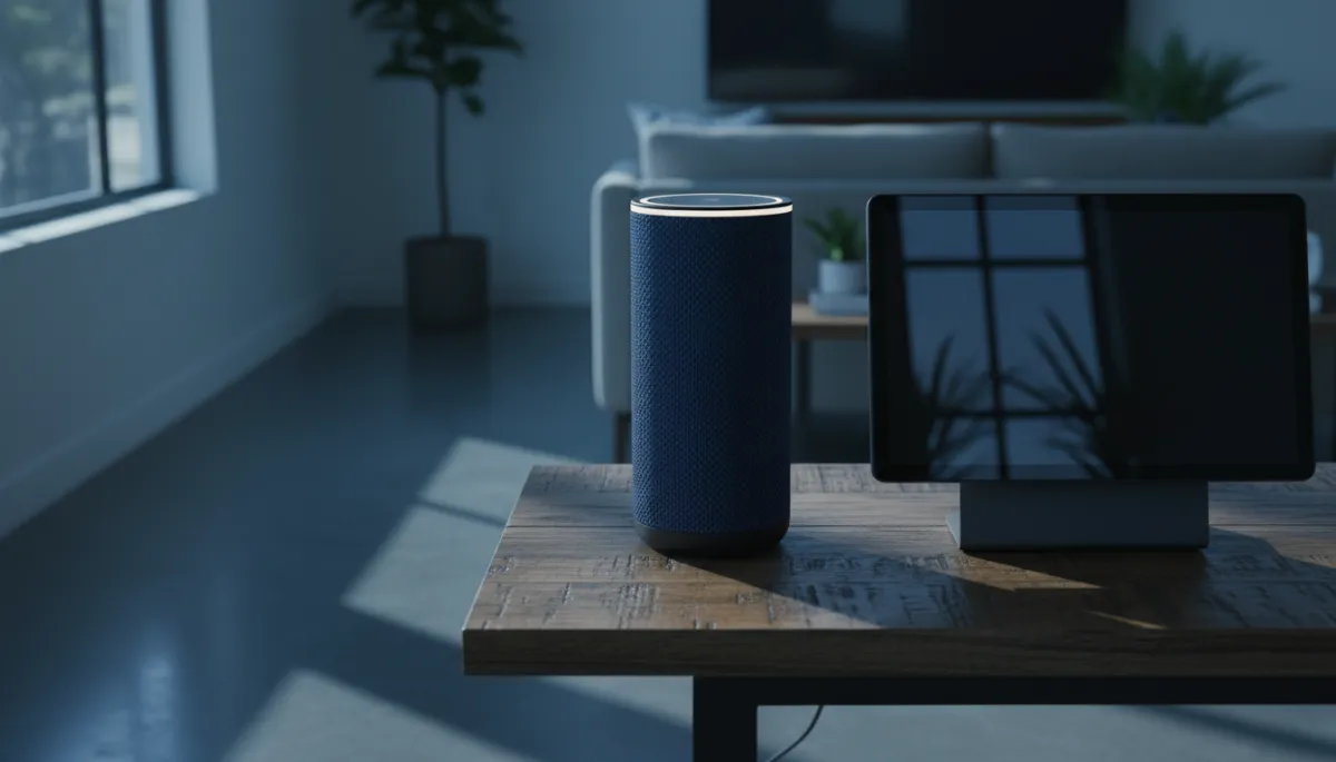 Photorealistic smart speaker and display on a console table in an Oklahoma living room Photorealistic smart speaker and display on a console table in an Oklahoma living room