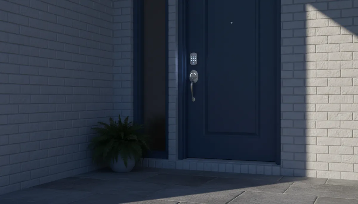 Photorealistic smart lock and video doorbell on an Oklahoma home’s front door Photorealistic smart lock and video doorbell on an Oklahoma home’s front door