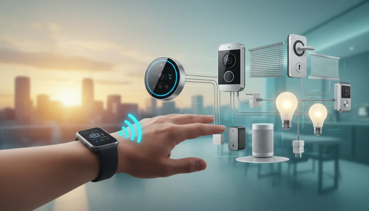 Photorealistic smart thermostat on a hallway wall being adjusted by a homeowner Photorealistic smart thermostat on a hallway wall being adjusted by a homeowner