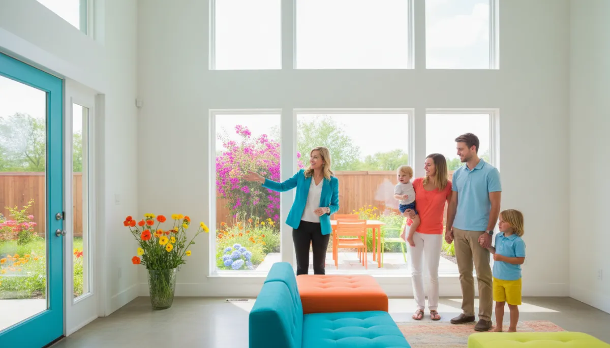 Family touring a modern home with a real estate agent in Edmond