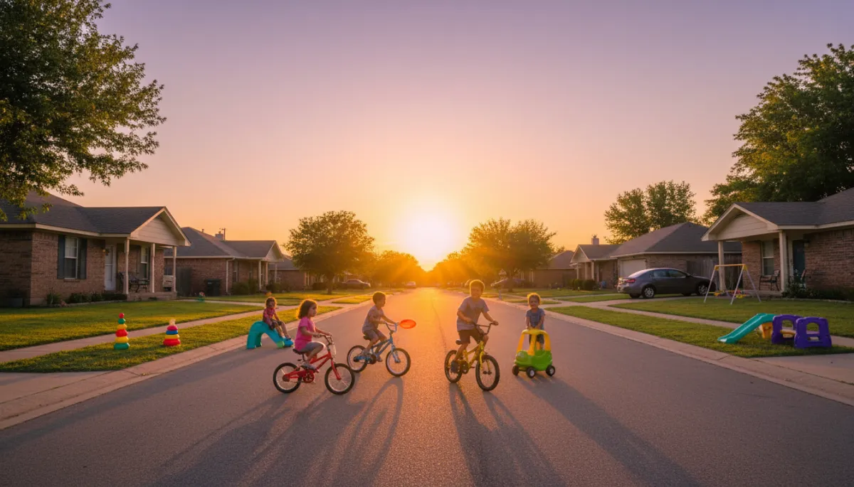 Residential street in Moore Oklahoma with homes and children playing