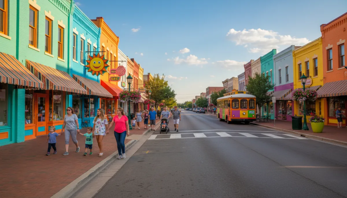 Colorful main street in Yukon Oklahoma with shops and families walking