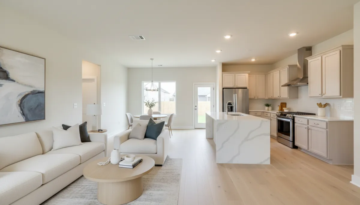 Photorealistic interior of a new construction home with open concept living area Photorealistic interior of a new construction home with open concept living area