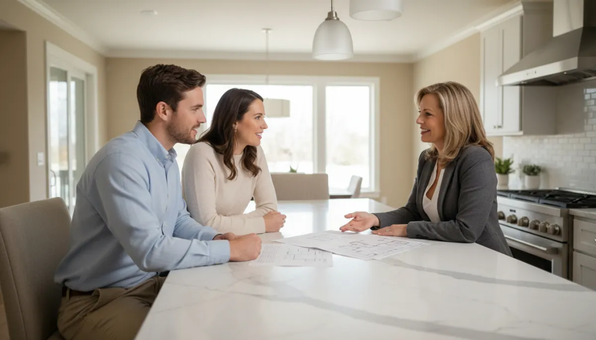 Photorealistic scene of home buyers reviewing new construction options with a Realtor Photorealistic scene of home buyers reviewing new construction options with a Realtor