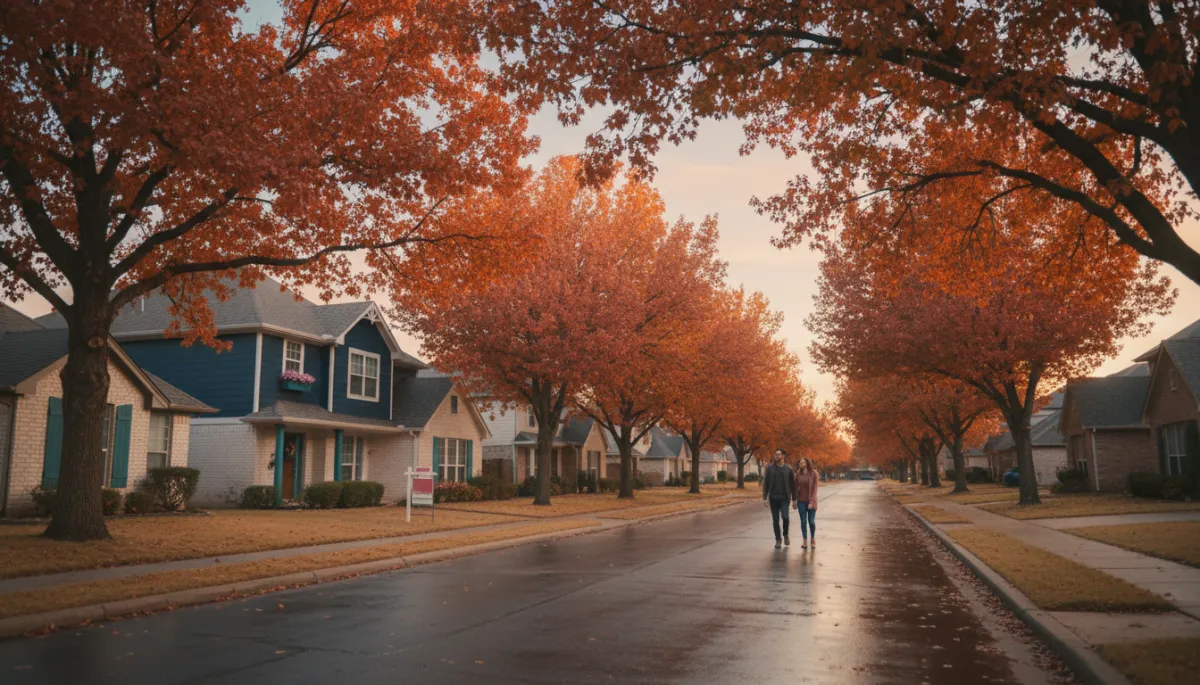 OKC metro suburban street lined with fall foliage — couple walking past homes for sale in Mustang or Yukon Oklahoma 2026