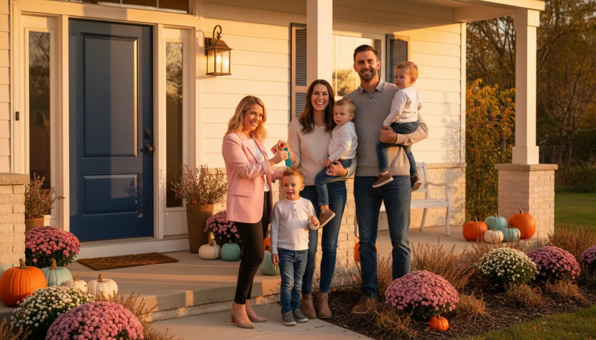 Family receiving house keys on front porch of new OKC home at fall sunset — Brittany Yerby Realtor Heather and Company Realty Group