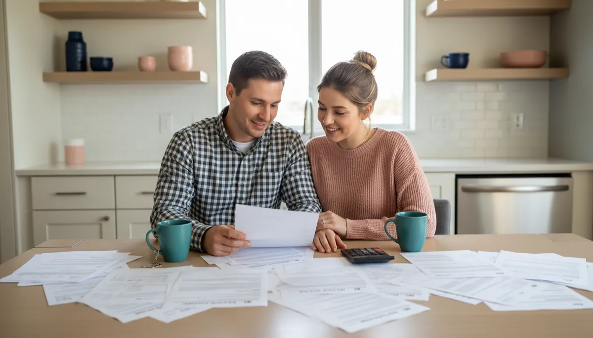 OKC home buyers reviewing closing costs and budget at kitchen table OKC home buyers reviewing closing costs and budget at kitchen table