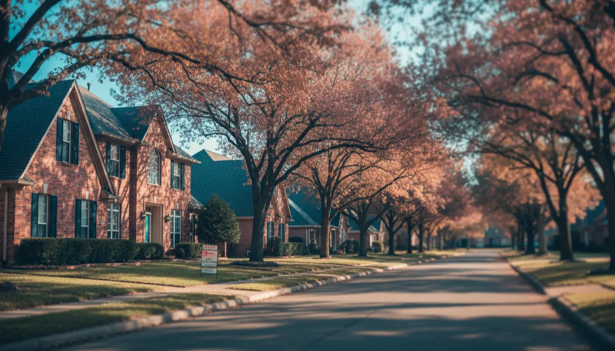 OKC suburban neighborhood in fall — Mustang and Yukon homes for sale
