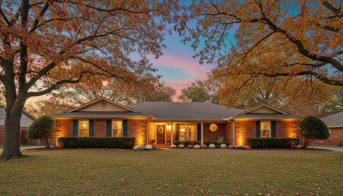 Photorealistic cinematic wide shot of an Oklahoma City suburban ranch-style brick home at dusk, mature oak trees in peak fall color with vibrant orange, gold, and crimson leaves, deep navy sky, warm golden-hour light on the facade, manicured lawn with scattered leaves, porch light glowing, subtle pink, teal, blush, and off-white accents in landscaping and decor