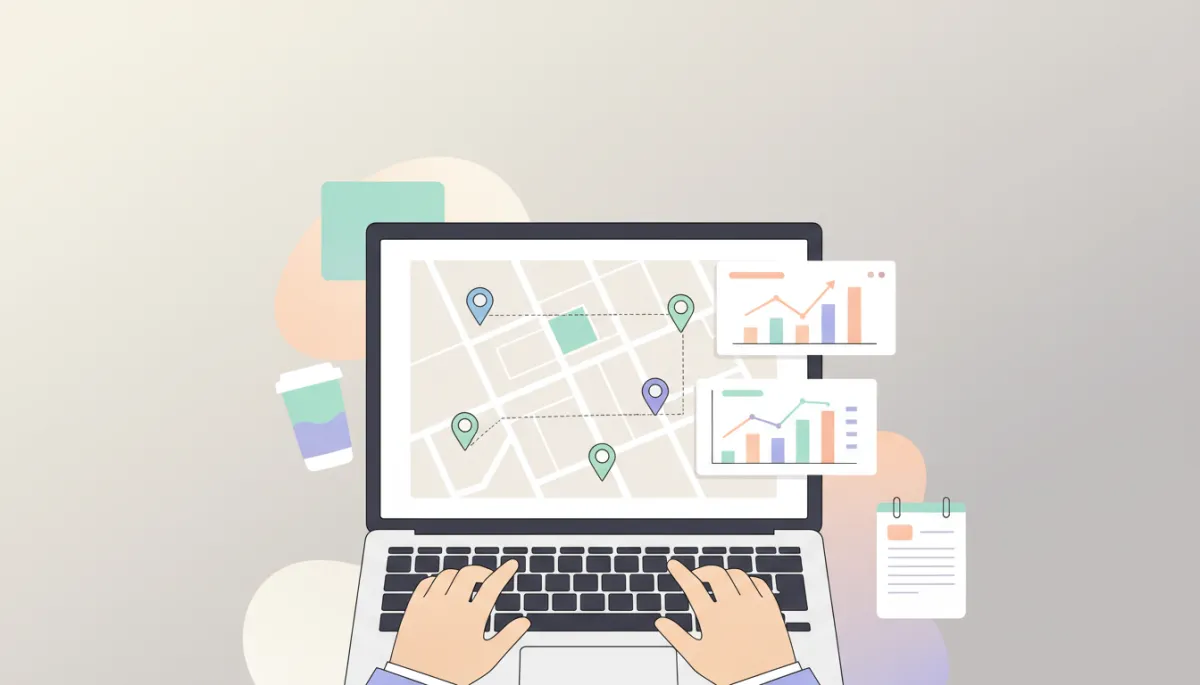 Profissional configurando campanhas de SEO local e geo-targeting em um notebook