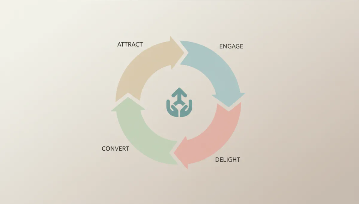 Diagrama em estilo moderno clean mostrando as etapas de um loop de marketing em torno de uma organização
