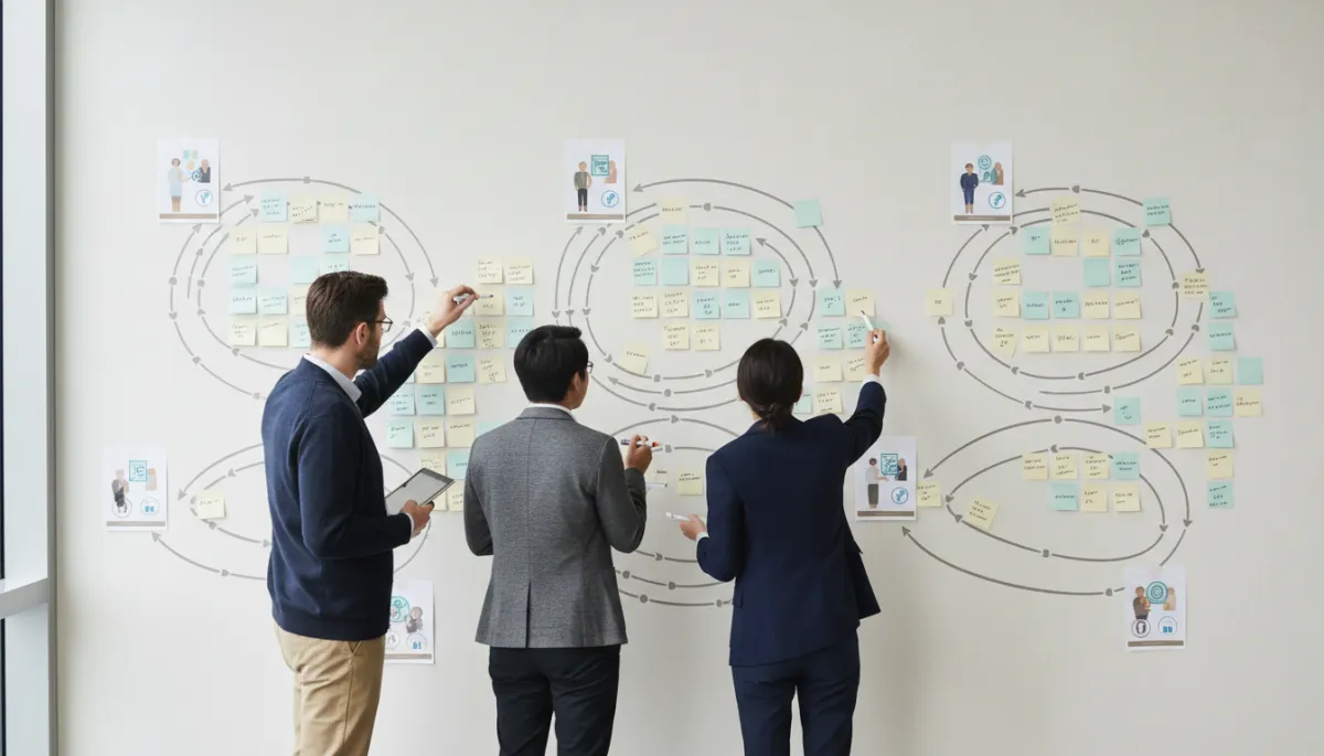 Equipe de organização social analisando personas e mapas de jornada em um quadro