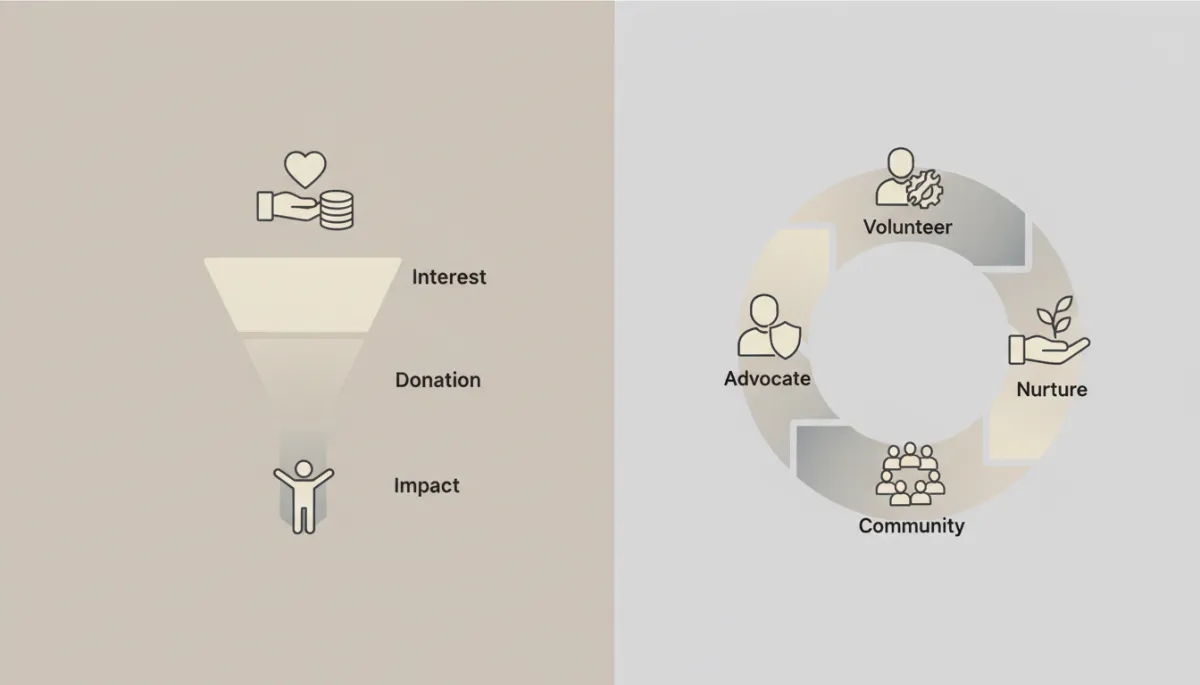 Infográfico em estilo moderno clean comparando funil linear e loop marketing em uma organização sem fins lucrativos