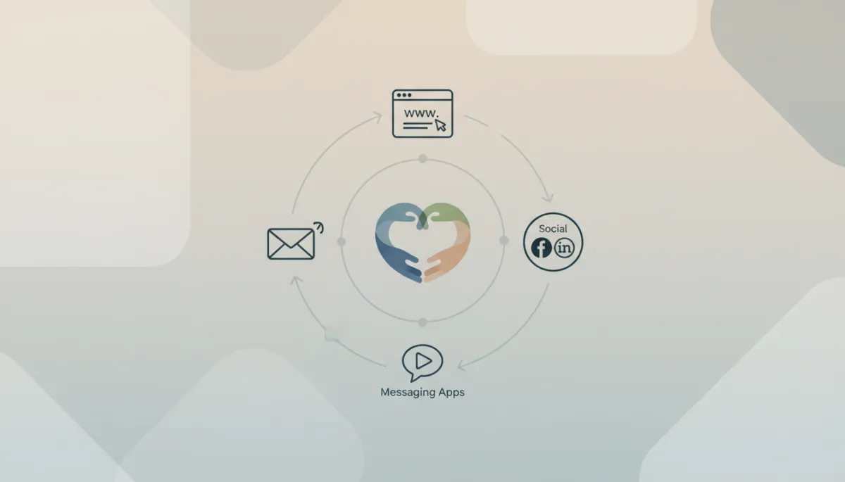 Ilustração em estilo moderno clean de canais de marketing digital conectados em um loop em torno de uma organização social