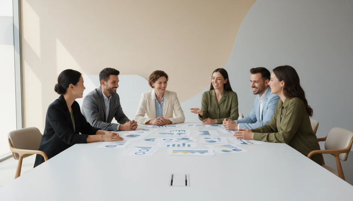 Equipe de marketing analisando resultados de Inbound Marketing em ambiente clean