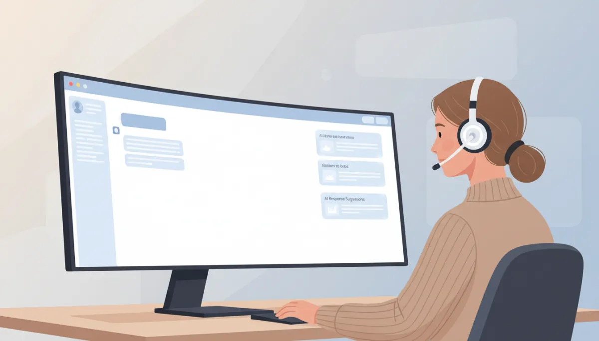 Profissional de atendimento em call center moderno usando painel com sugestões de IA para respostas