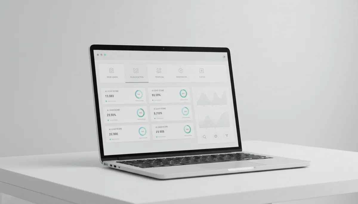 Tela de CRM com pipeline de vendas e lead scoring por IA em ambiente de trabalho minimalista
