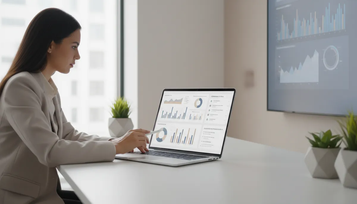 Profissional de marketing analisando painel de campanhas digitais com recomendações de IA em escritório clean