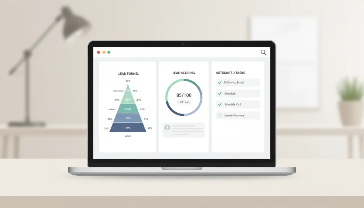 Painel de Smart CRM exibindo funil de leads e automações em um notebook