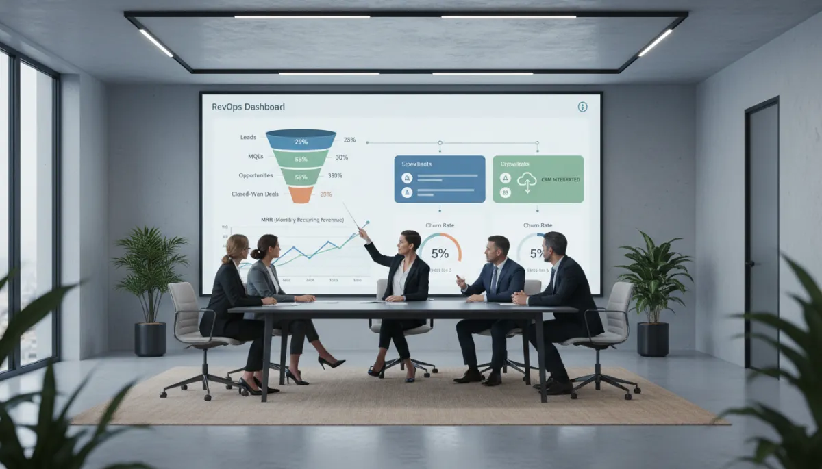 Dashboard de RevOps com métricas de funil e receita integradas ao CRM em sala de reuniões