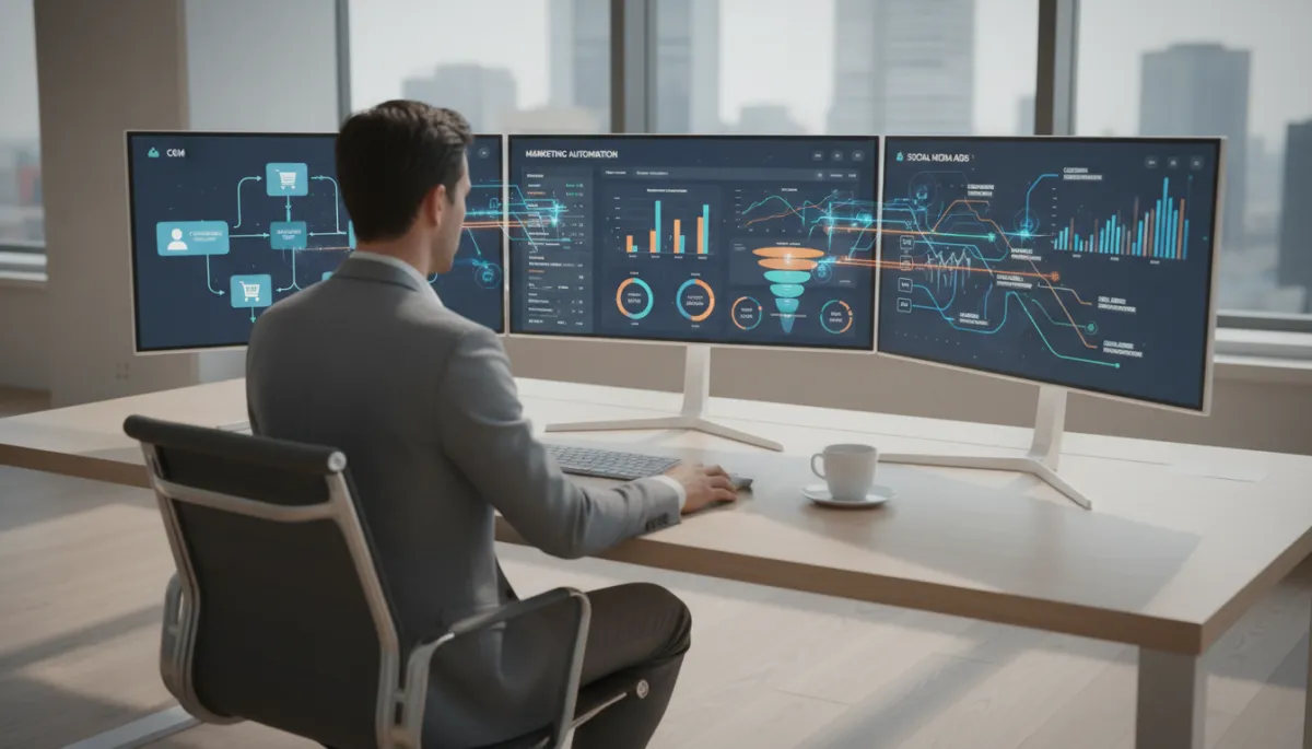 Profissional analisando integrações de dados entre CRM e sistemas de e-commerce em múltiplos monitores